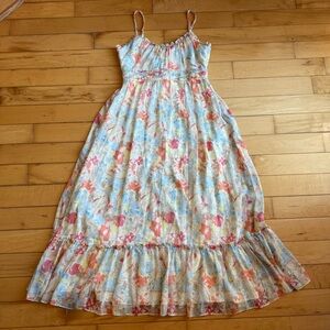 LIKELY RAFFY DRESS M Floral Sundress Pastel Blue Coral Midi Adjustable Straps